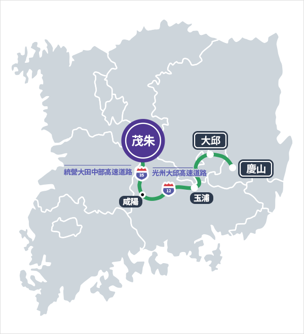居昌、大邱広域市、慶山市、長水分岐点、咸陽分岐点、琴湖分岐点、玉浦分岐点、88オリンピック高速道路 慶山、北大邱、琴湖分岐点、咸陽分岐点、徳裕山IC、茂朱IC