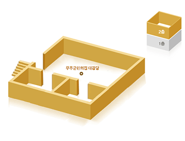 무주군청 민원봉사과 2층 안내도, 전통문화의집 대강당과 하단에 두개의 방이 있다. 전통문화의집 대강당 왼편에 입구와 계단이 위치하고 있다.