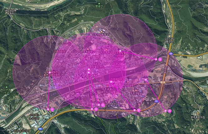 무주읍 6개소 지도 (무주군청 구내식당, 무주군청 지하주차장, 보건의료원 장례식장, 휴먼시아@ 지하주차장, 부영@ 지하주차장, 미래드림2차@ 지하주차장)