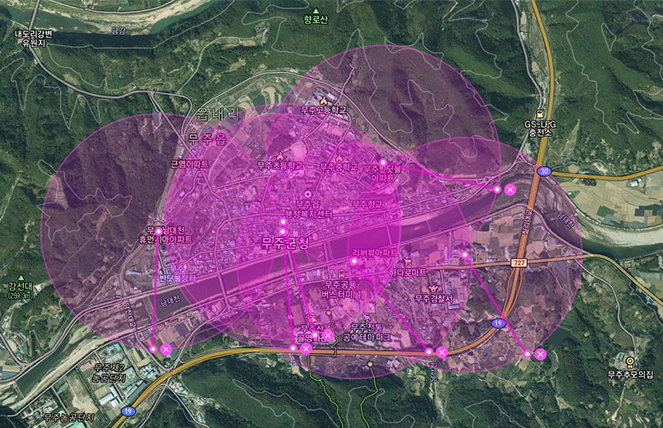 무주읍 6개소 지도 이미지(무주군청 구내식당, 무주군청 지하주차장, 보건의료원 장례식장, 휴먼시아@ 지하주차장, 부영@ 지하주차장, 미래드림2차@ 지하주차장)