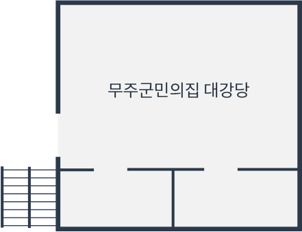 무주군청 민원봉사과 2층 안내도, 전통문화의집 대강당과 하단에 두개의 방이 있다. 전통문화의집 대강당 왼편에 입구와 계단이 위치하고 있다.