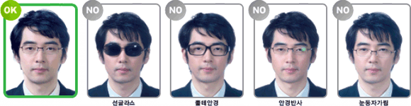 선글라스, 뿔테안경, 안경반사, 눈동자가림 사진은 여권사진으로 부적합