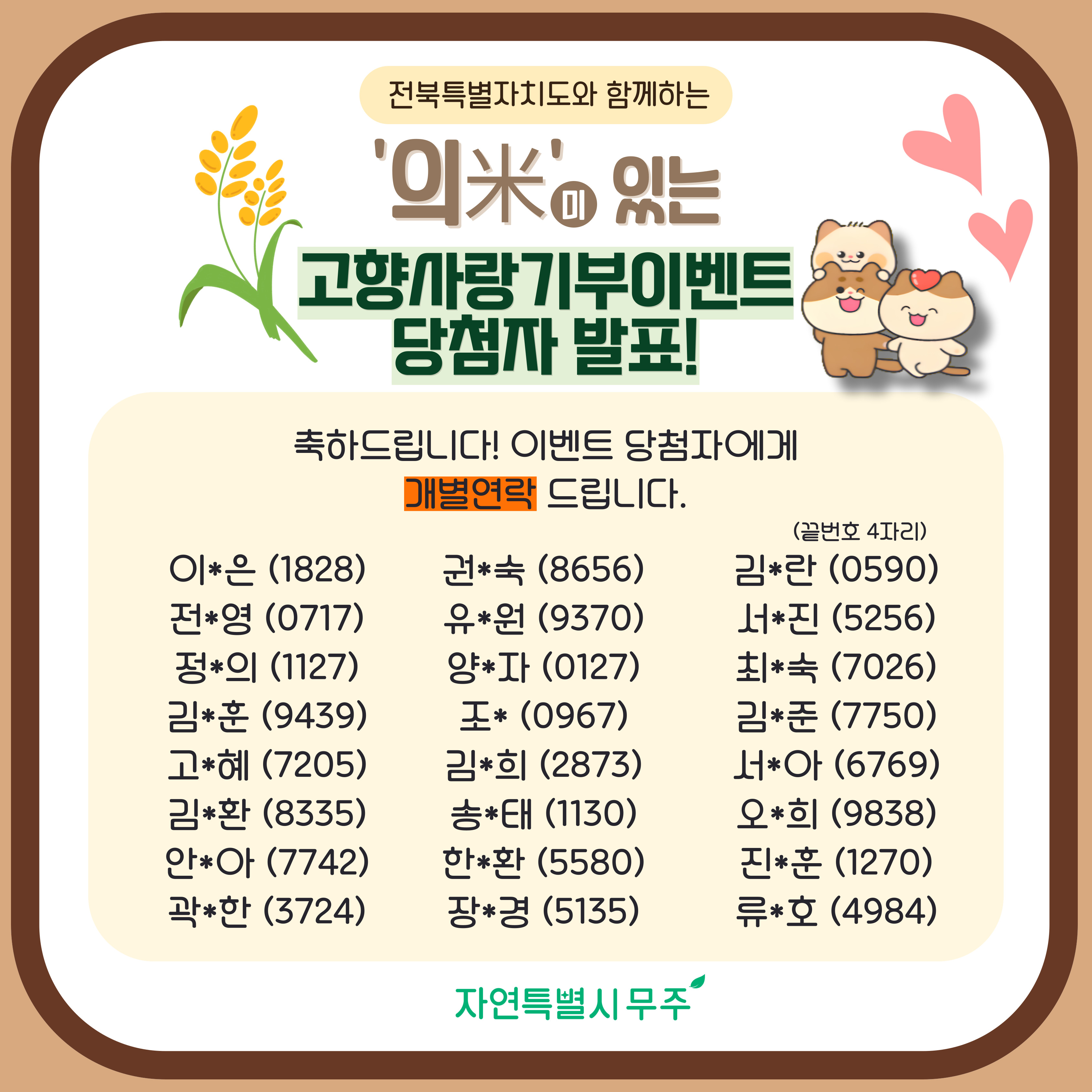 의미있는 고향사랑기부 이벤트 당첨자 안내