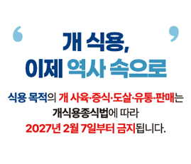 개 식용, 이제 역사 속으로
식용 목적으 개 사육·증식·도살·유통·판매는 개식용종식법에 따라 2027년 2월 7일부터 금지됩니다.