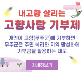 내고향 살리는 고향사랑 기부제
개인이 고향(무주군)에 기부하면
무주군은 주민 복리와 지역 활성화에
기부금을 활용하는 제도
자세히보기